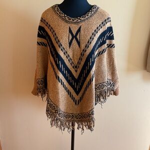 Women's Tan and Black Bohemian Fringe Sweater/Poncho size S